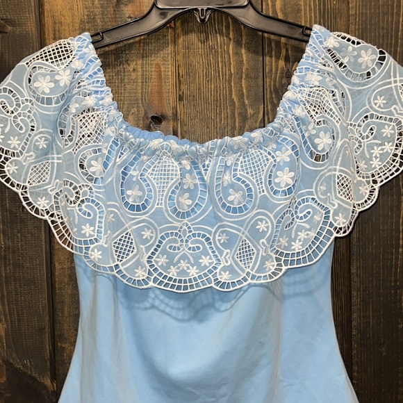 Boston Proper Two Tone Lace Overlay Top M Blue White NWT Boho Off Shoulder Girly - Picture 4 of 10